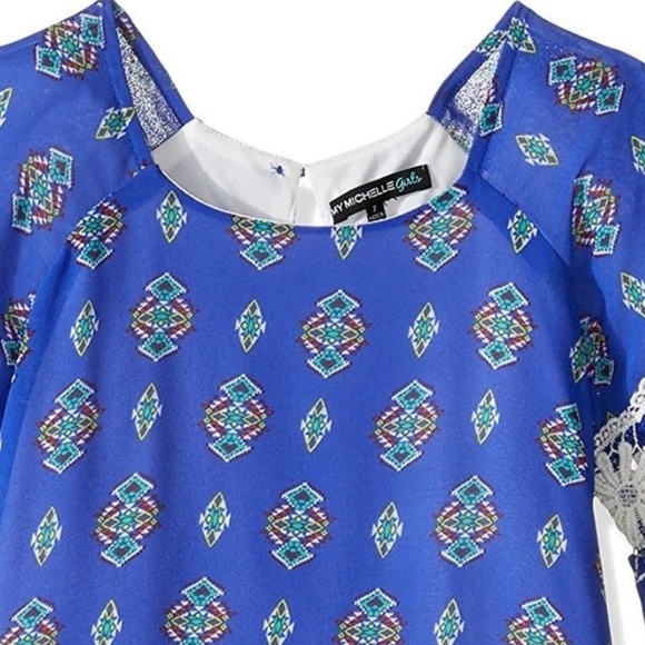 My Michelle Girls Blue Shift Dress Crochet Bell Sleeve Size 7 16 - Picture 3 of 5